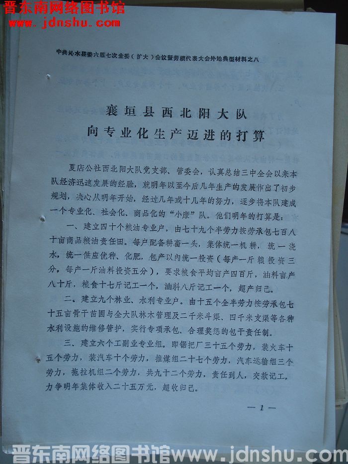 中共沁水县委六届七次全委（扩大）会议暨劳模代表大会外地典型材料之八：襄垣县西北阳大队向专业化生产迈进