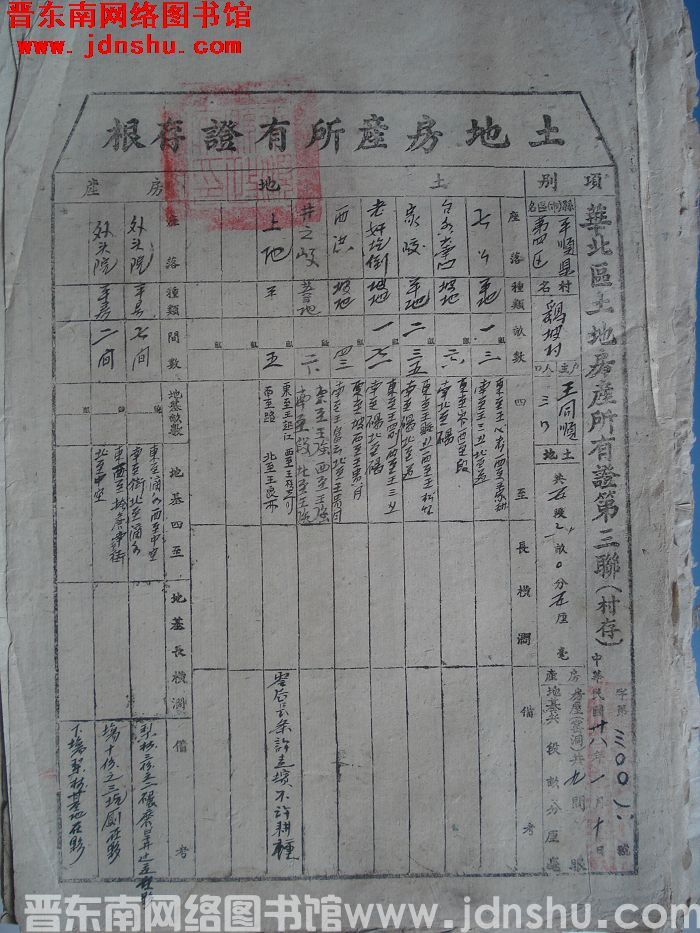 土地房产所有证存根：平顺县第四区鹞坡村王同顺 字第3006号