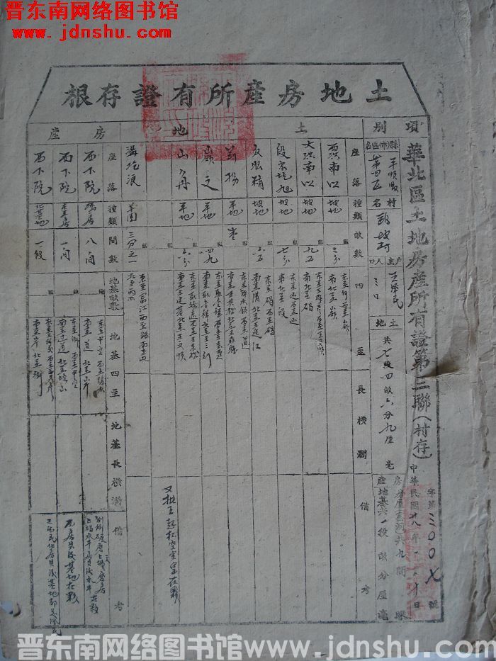 土地房产所有证存根：平顺县第四区鹞坡村王泽民 字第3007号