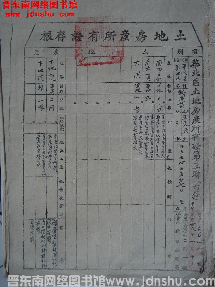 土地房产所有证存根：平顺县第四区鹞子坡村王文顺 字第3011号