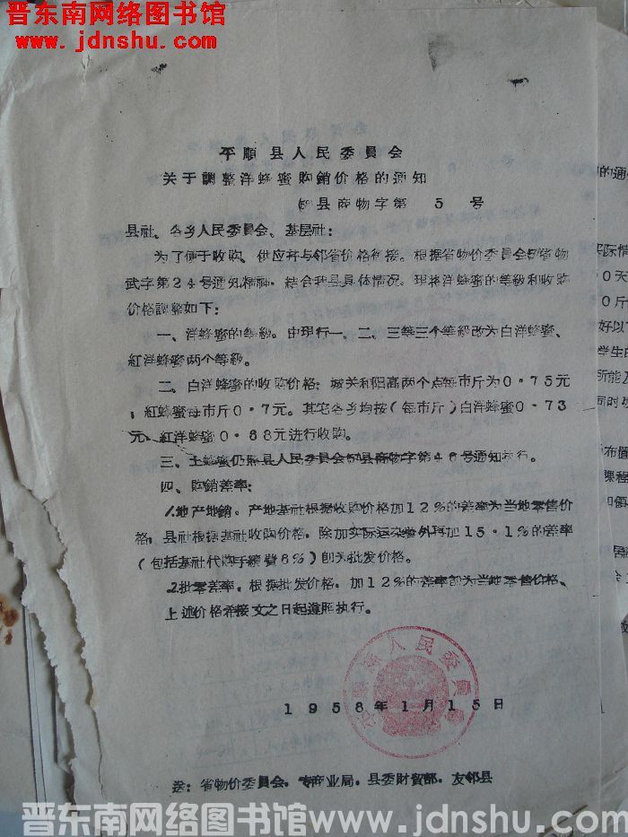 平顺县人民委员会关于调整洋蜂蜜购销价格的通知（58）县商物字第5号