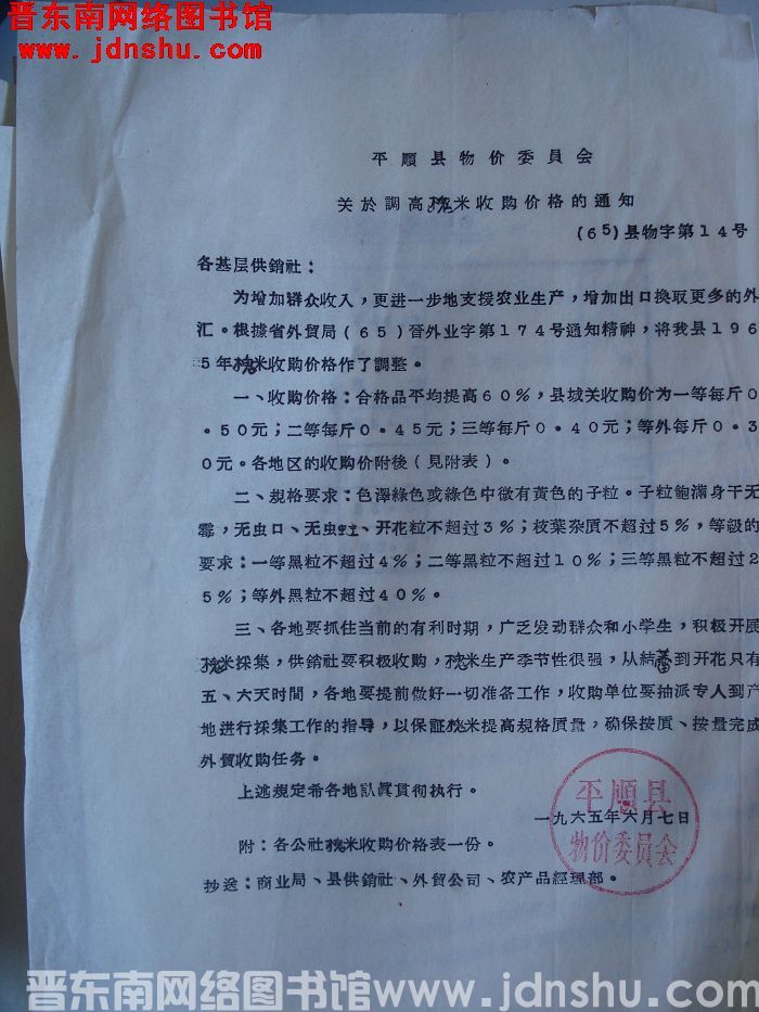 平顺县物价委员会关于调高槐米收购价格的通知（65）县物字第14号