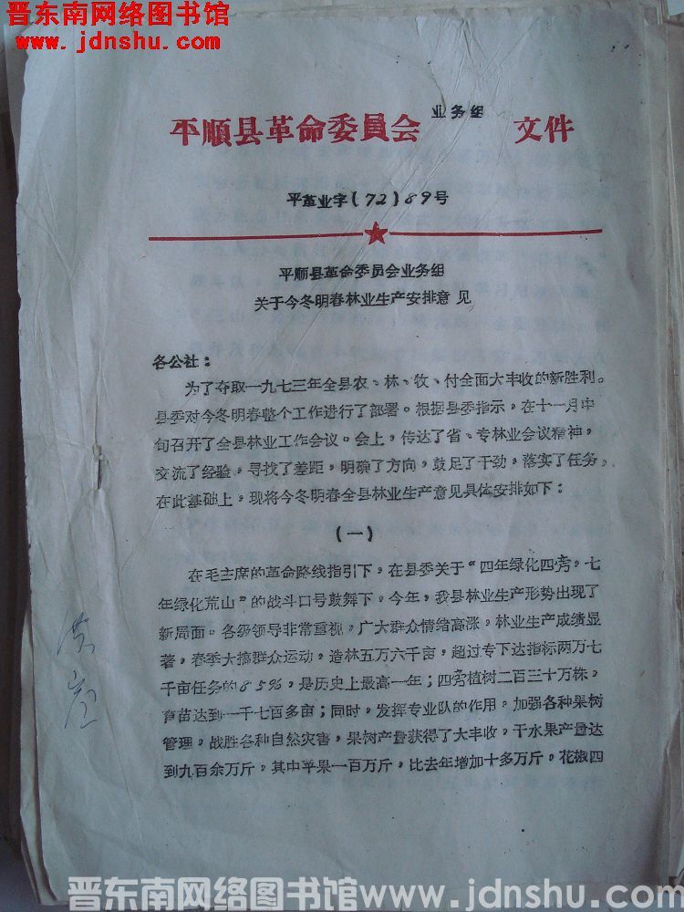 平顺县革命委员会业务组文件 平革业字（72）89号：平顺县革命委员会业务组关于今冬明春林业生产安排意见