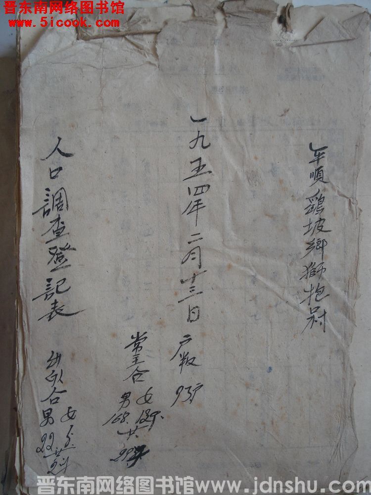 平顺鹞坡乡狮包口村人口调查登记表（19540213）