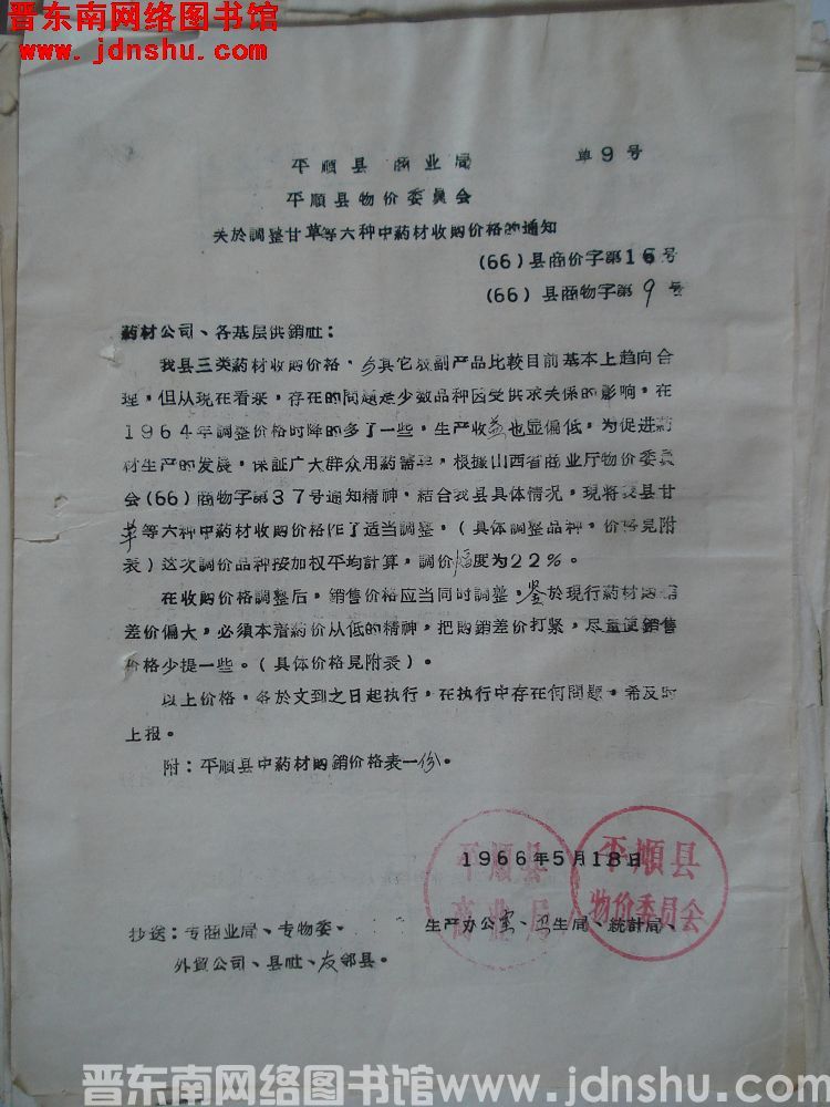 平顺县商业局、平顺县物价委员会关于调整甘草等六种中药材收购价格的通知（66）县商价字第16号、（66