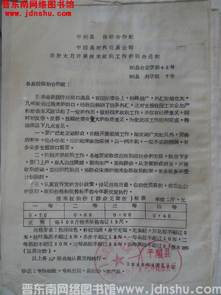 平顺县供销合作社、平顺县对外贸易公司关于大力开展槐米收购工作的联合通知（66）县合业字第45号、（6