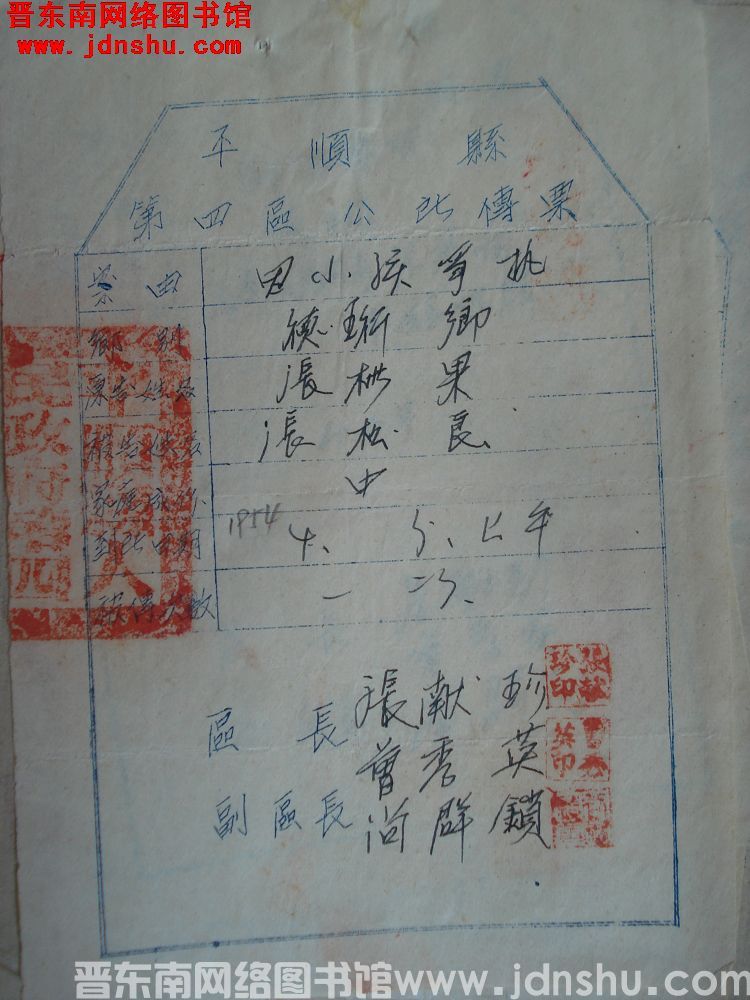 平顺县第四区公所传票·张松良（19540405）