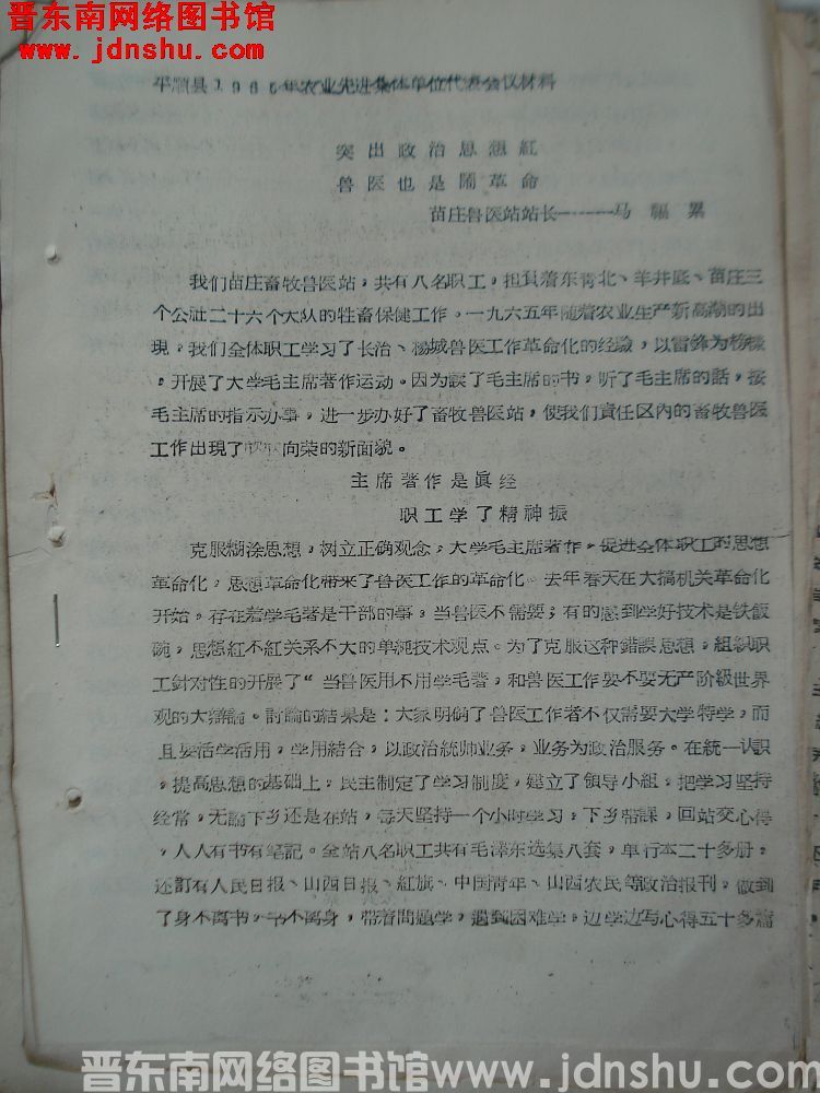 平顺县1965年度农业生产先进集体单位代表会议材料：突出政治思想红，兽医也是闹革命