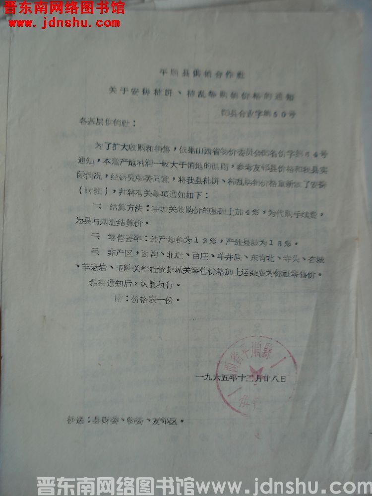平顺县供销合作社关于安排柿饼、柿乱等购销价格的通知（65）县合业字第50号