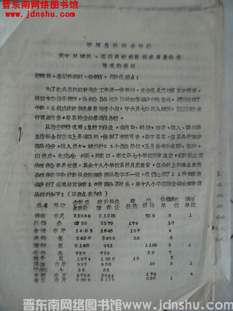 平顺县供销合作社关于对城关、苗庄两社统计报表质量检查情况的通报（19650617）