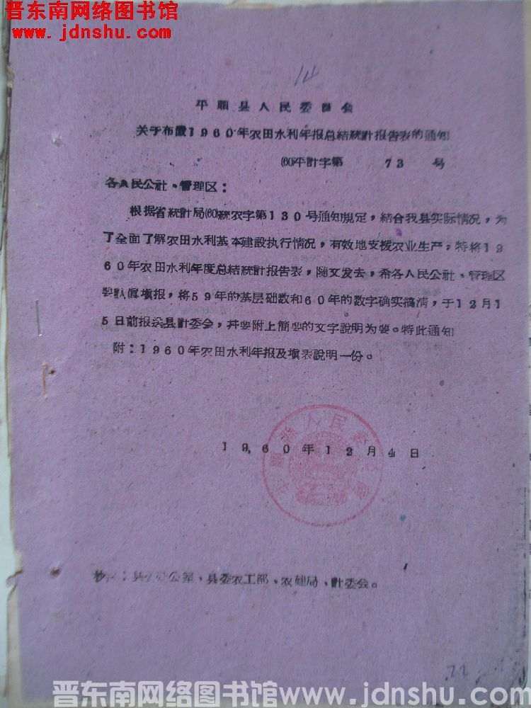 平顺县人民委员会关于布置1960年农田水利年报总结统计报告表的通知（60）平计字第73号