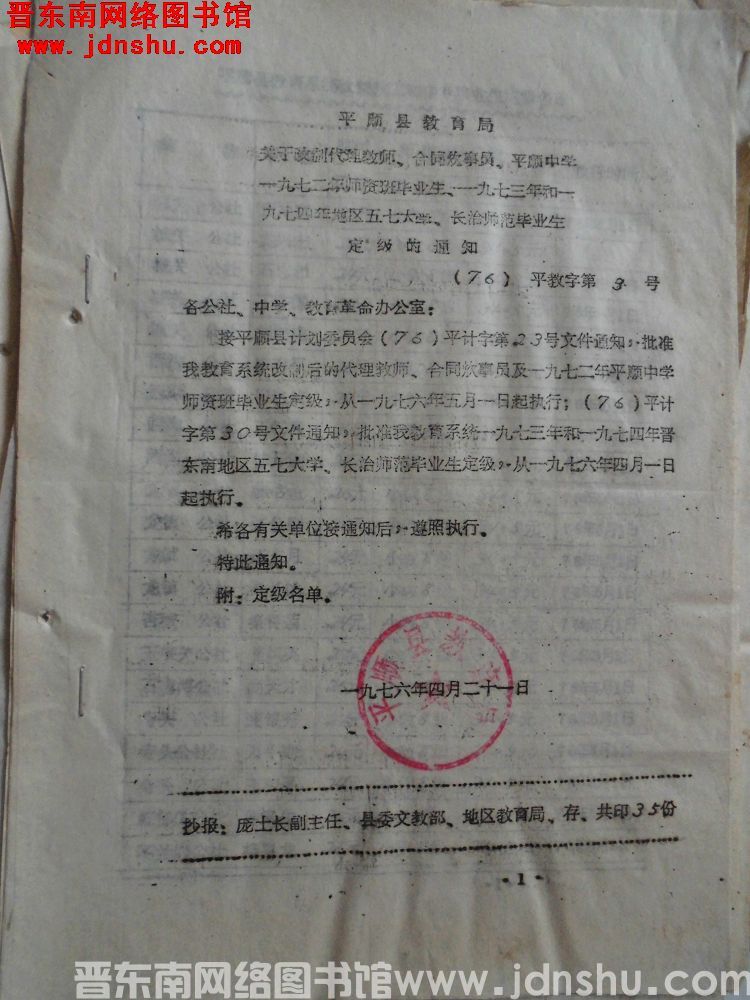 平顺县教育局关于改制代理教师、合同炊事员、平顺中学一九七二年师资班毕业生、一九七三年和一九七四年地区