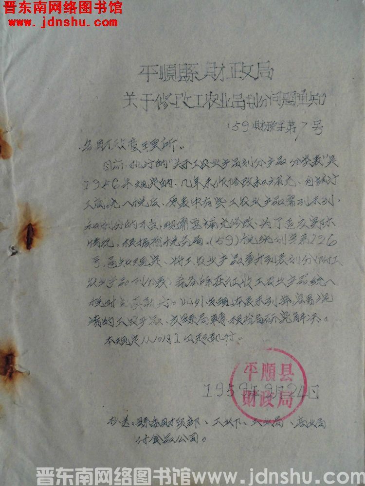 平顺县财政局关于修改工农业品划分问题通知（59）财税字第7号