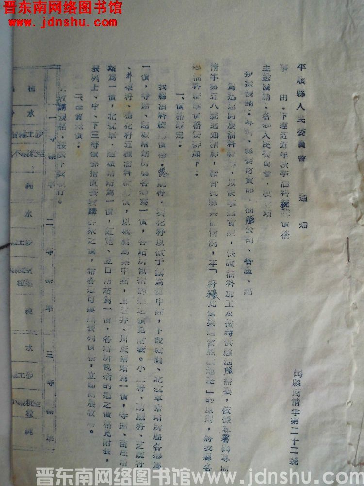  平顺县人民委员会通知（55）县商情字第22号：下达五五年秋季油料统购价格