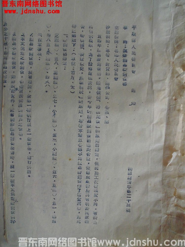  平顺县人民委员会通知（55）县商情字第23号：调整油品统销价格