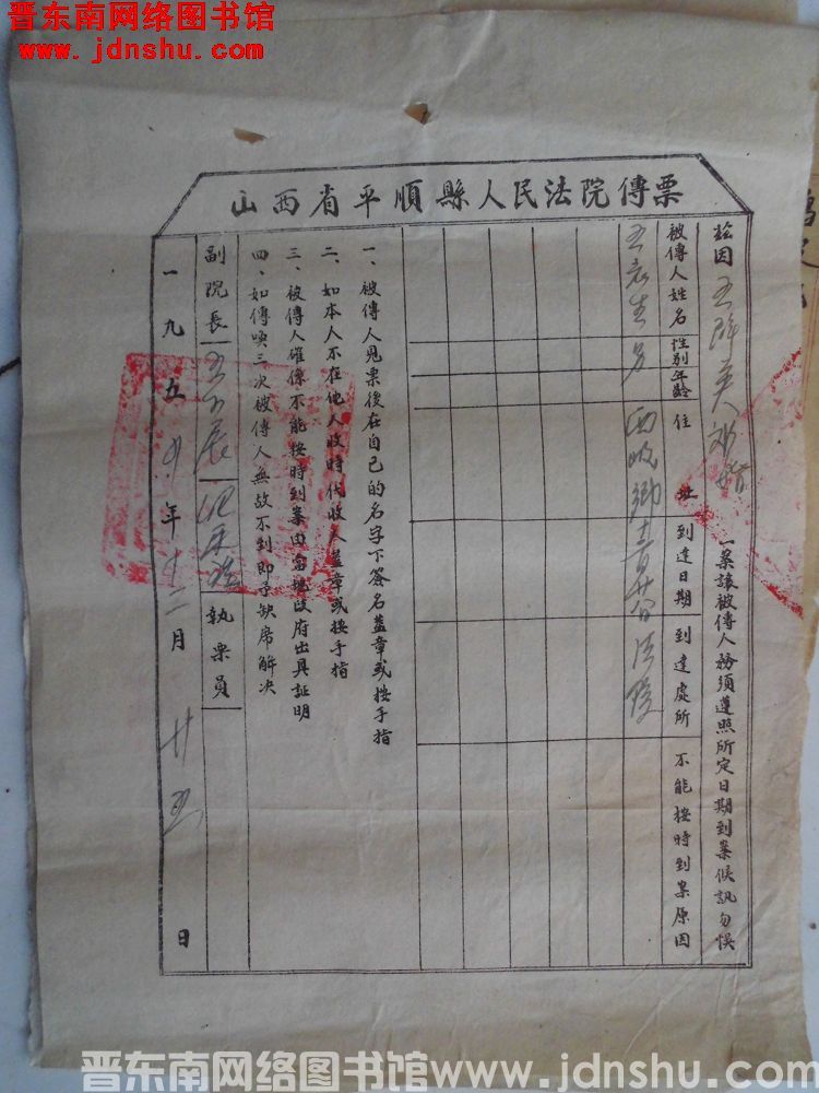 山西省平顺县人民法院传票（19541225）：王群英离婚案