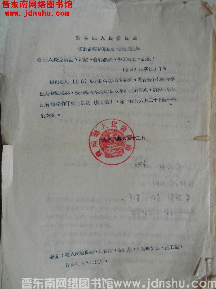 襄垣县人民委员会关于调整饲草购销价格的通知（58）粮字第17号