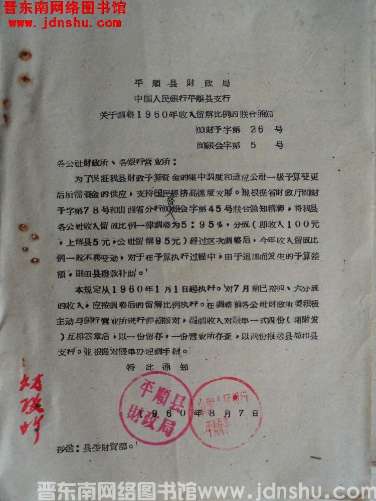 平顺县财政局、中国人民银行平顺县支行关于调整1960年收入留解比例的联合通知（60）财预字第26号（