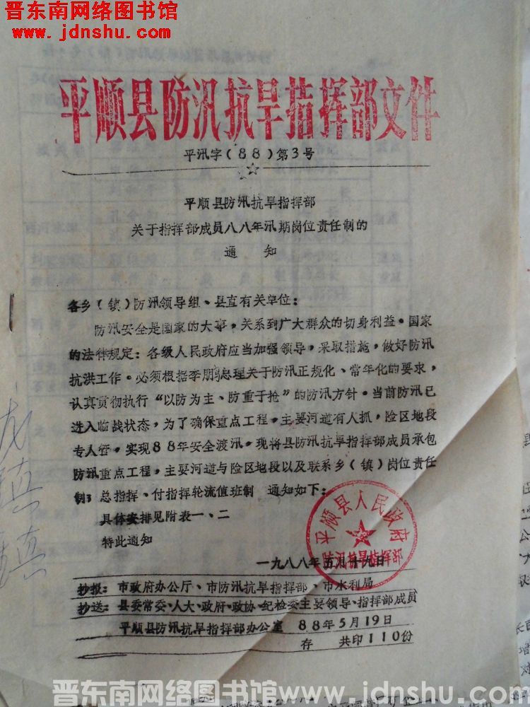 平顺县防汛抗旱指挥部文件 平汛字（88）第3号：平顺县防汛抗旱指挥部关于指挥部成员八八年汛期岗位责任