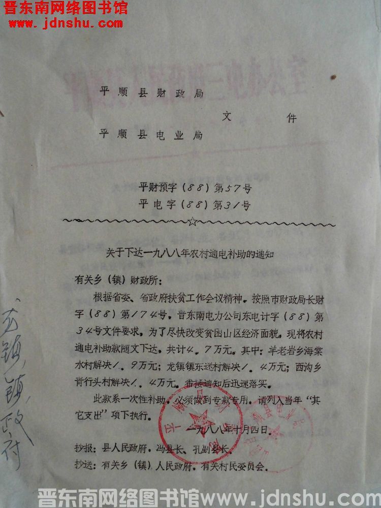 平顺县财政局、平顺县电业局文件 平财预字（88）第57号、平电字（88）第31号：关于下达一九八八年