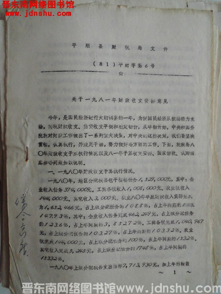 平顺县财税局文件（81）平财字第6号：关于一九八一年财政收支安排意见
