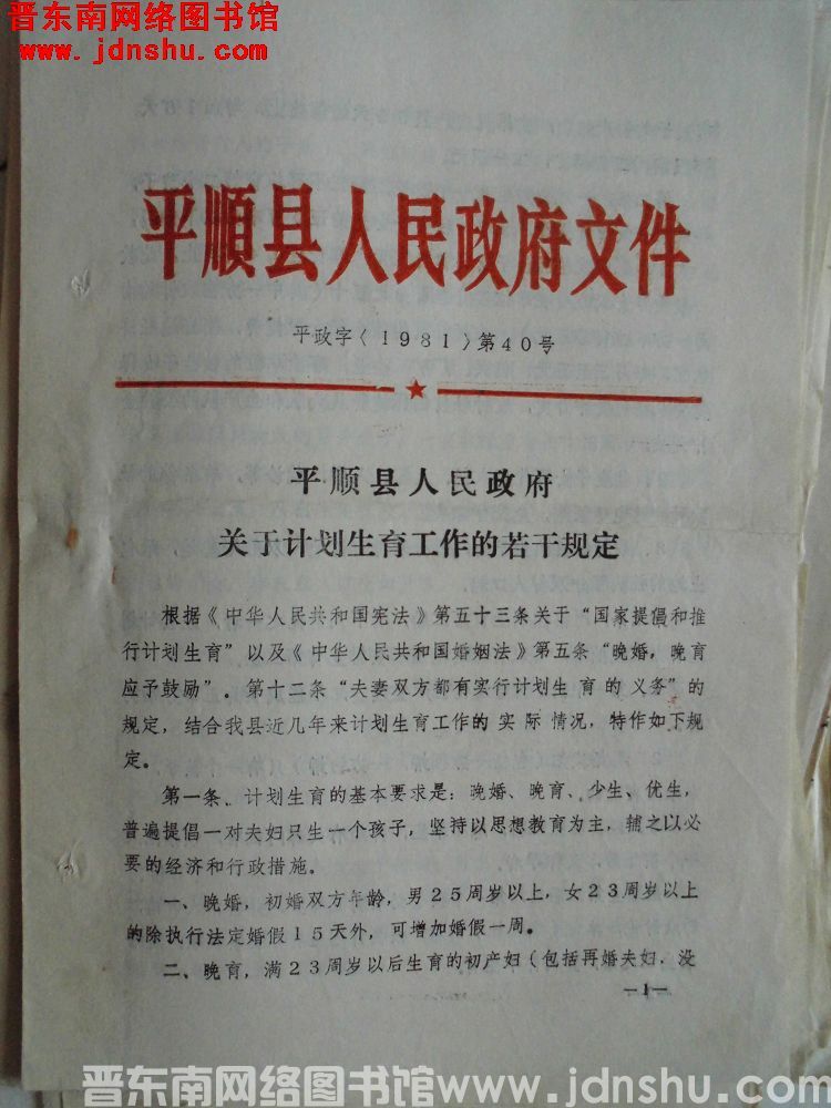 平顺县人民政府文件 平政字（1981）第40号：平顺县人民政府关于计划生育工作的若干规定