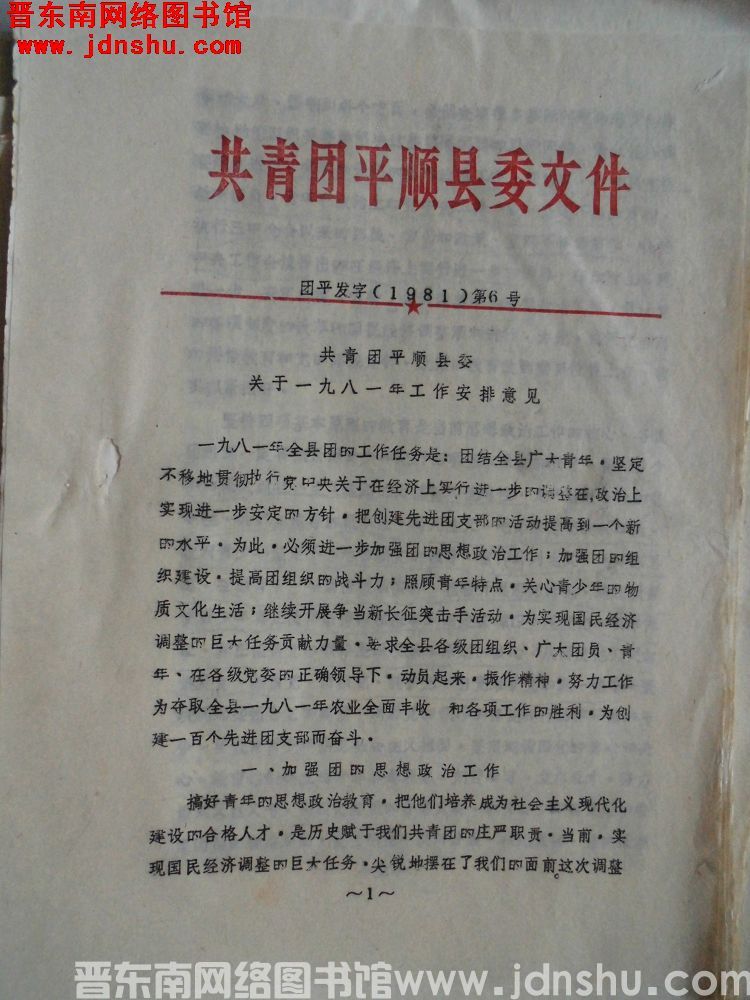 共青团平顺县委文件 团平发字（1981）第6号：共青团平顺县委关于一九八一年工作安排意见