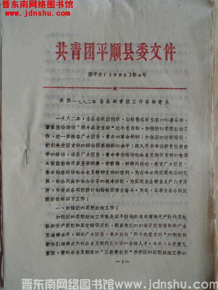 共青团平顺县委文件 团平发（1982）第4号：关于一九八二年全县共青团工作安排意见