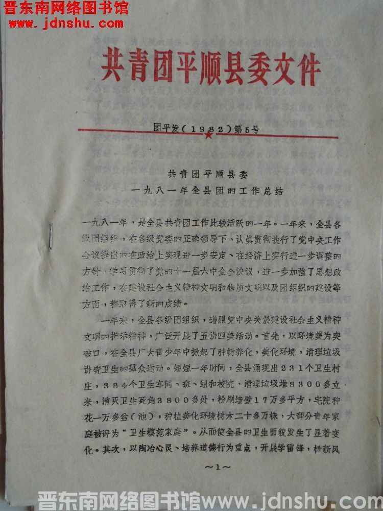 共青团平顺县委文件 团平发（1982）第5号：共青团平顺县委关于一九八一年全县团的工作总结