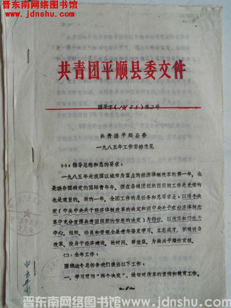 共青团平顺县委文件 团平字（1985）第2号：共青团平顺县委一九八五年工作安排意见