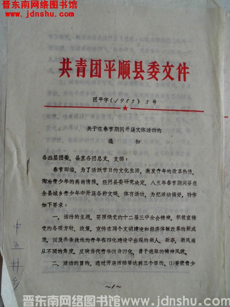 共青团平顺县委文件 团平字（1985）5号：关于在春节期间开展文体活动的通知