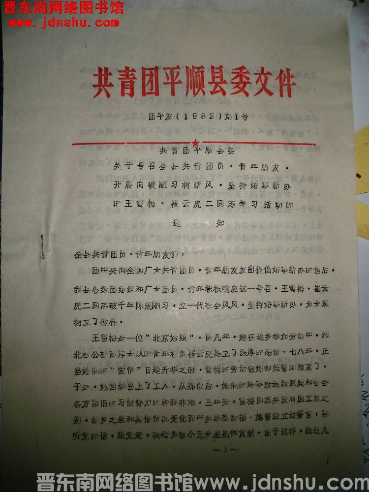 共青团平顺县委文件 团平发（1982）第1号：共青团平顺县委关于号召全县共青团员、青年朋友，开展向破