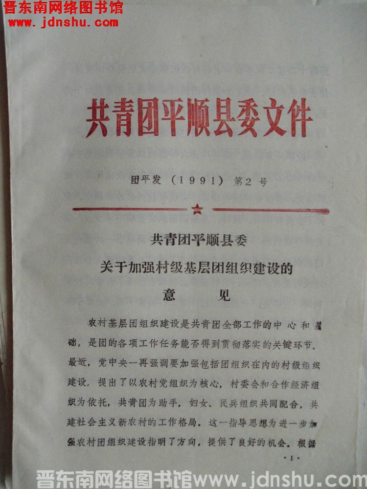 共青团平顺县委文件 团平发（1991）第2号：共青团平顺县委关于加强村级基层团组织建设的意见