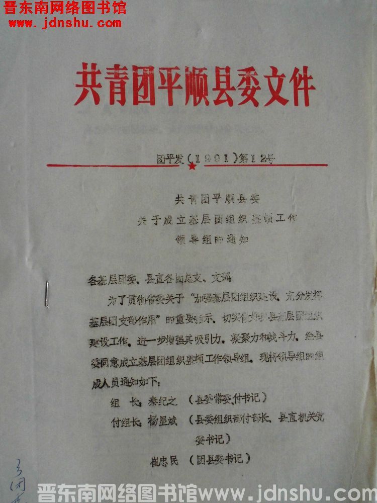 共青团平顺县委文件 团平发（1991）第12号：共青团平顺县委关于成立基层团组织整顿工作领导组的通知