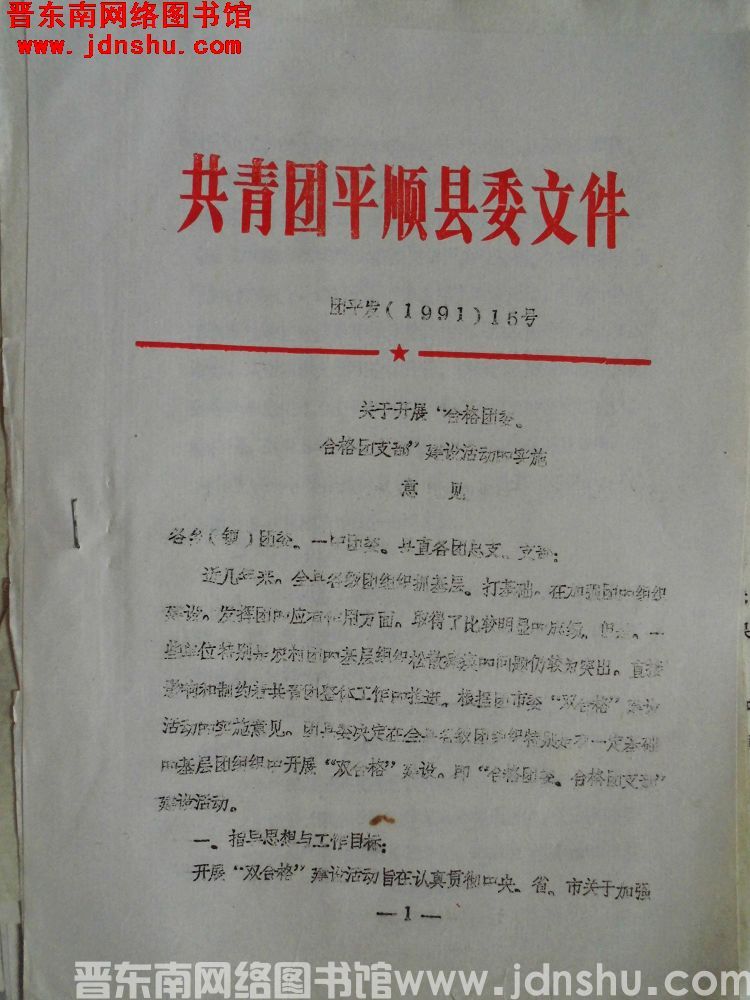 共青团平顺县委文件 团平发（1991）15号：关于开展”合格团委、合格团支部“建设活动的实施意见