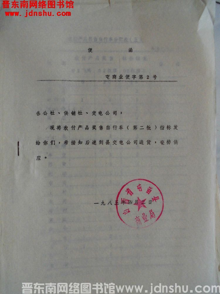 屯留县商业局便函（19830402）屯商业便字第2号