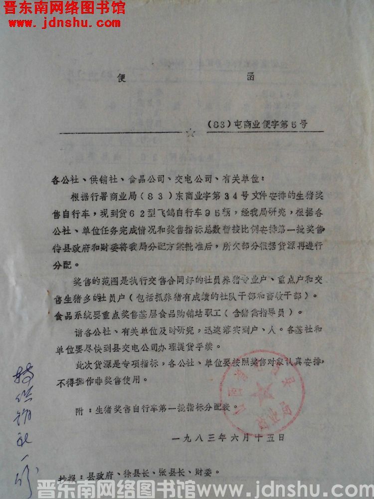 屯留县商业局便函（19830615）屯商业便字第5号
