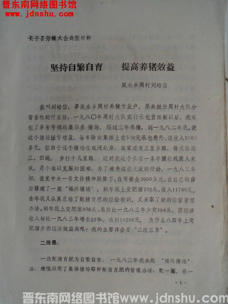 长子县劳模大会典型材料：坚持自繁自育，提高养猪效益（19850225）