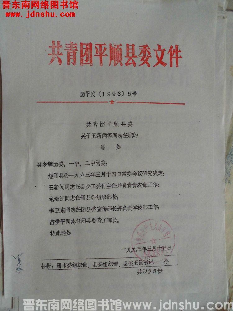 共青团平顺县委文件 团平发（1993）5号：共青团平顺县委关于王新闻等同志任职的通知
