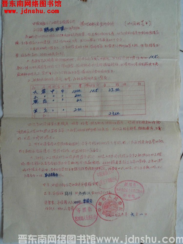 中国油脂公司山西省平顺县公司、平顺县鹞坡乡联盟农业生产合作社预付油料定金的合同（19560601）