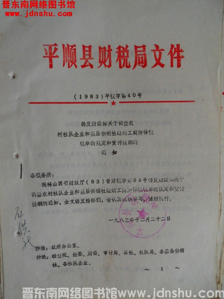平顺县财税局文件（1983）平税字第40号：转发财政部关于调查农村社队企业和基层供销社缴纳工商所得税