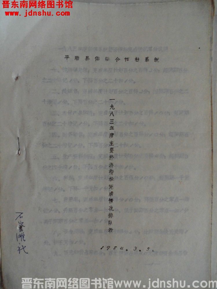 平顺县供销合作社系统一九八三年度主要经济指标完成情况排队表（19840305）
