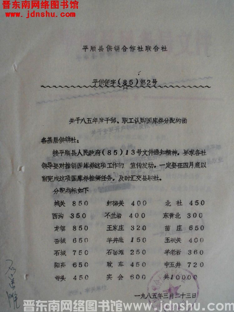 平顺县供销合作社联合社 平供便字（85）第2号：关于八五年度干部、职工认购国库券分配的函