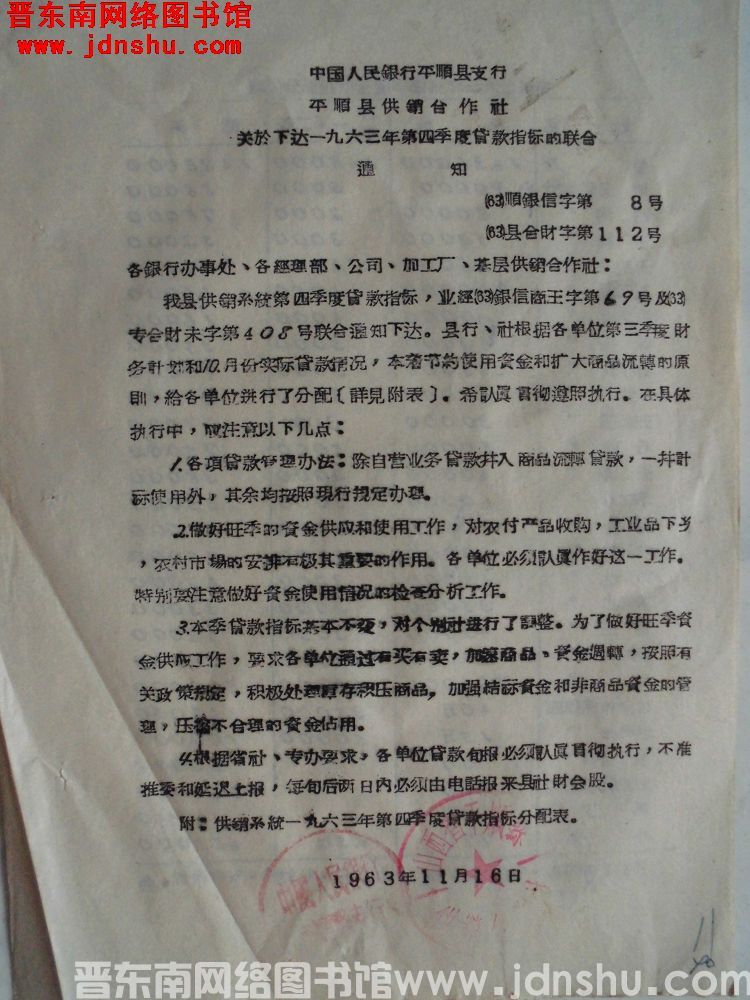 中国人民银行平顺县支行、平顺县供销合作社关于下达一九六三年第四季度贷款指标的联合通知（63）顺银信字