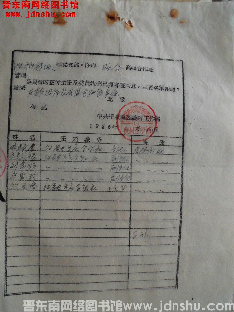 中共平顺县委农村工作部给中共平顺鹞坡乡党支部便函（19560327）：联合级合作社
