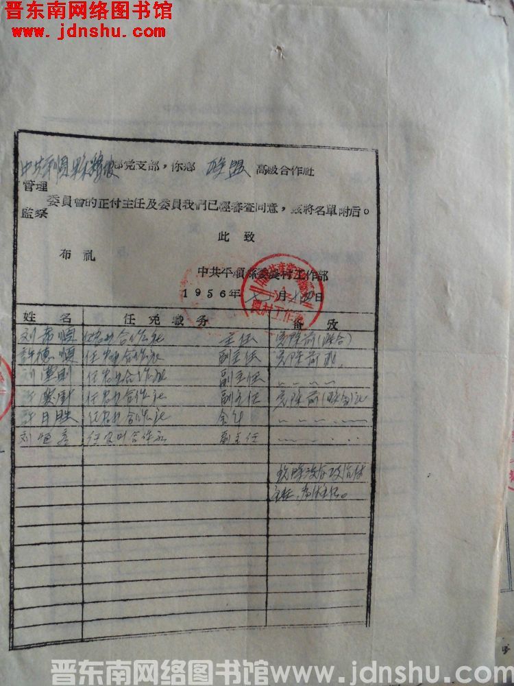 中共平顺县委农村工作部给中共平顺鹞坡乡党支部便函（19560714）：联盟级合作社