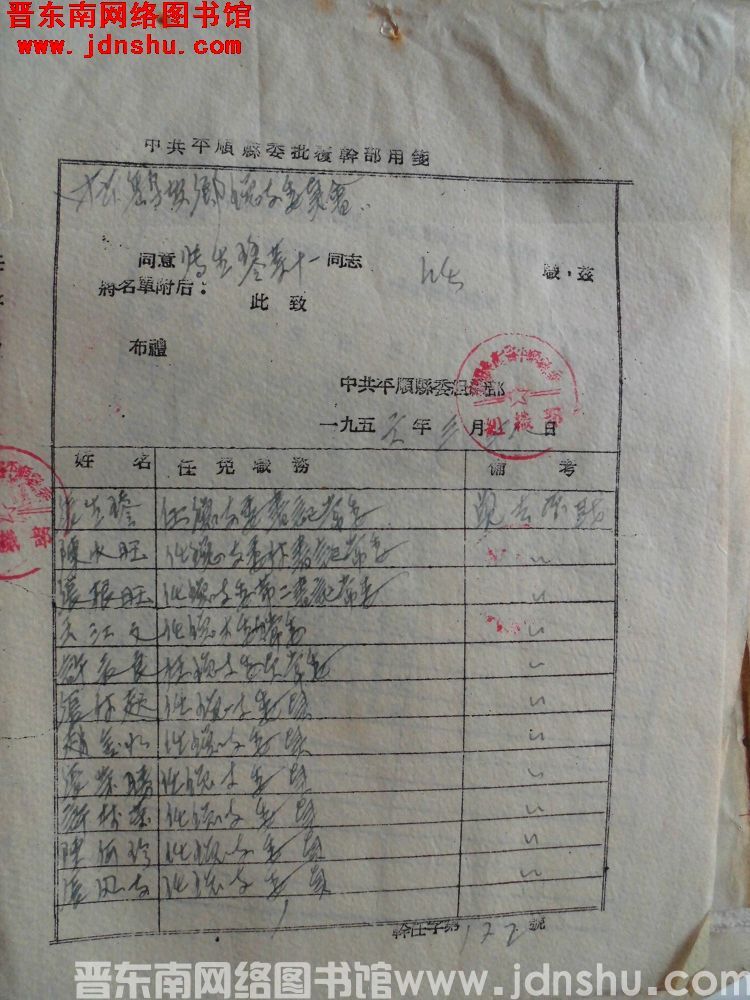 中共平顺县委组织部给中共鹞坡乡总支委员会便函（19560328）：张生琴等十一位同志任职