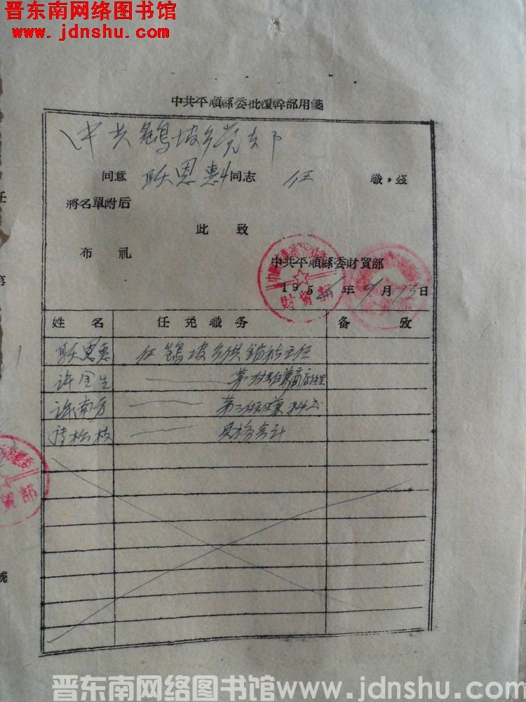 中共平顺县委财贸部给中共鹞坡乡党支部便函（19560913）：耿恩惠四同志任职