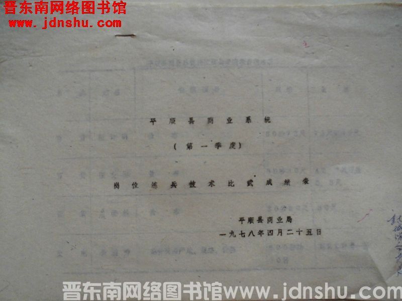 平顺县商业系统（第一季度）岗位练兵技术比武成绩表（19780425）