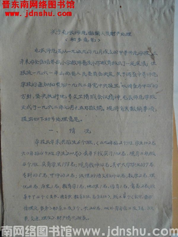 关于屯长师范撤销人员财产处理初步意见（19620629）